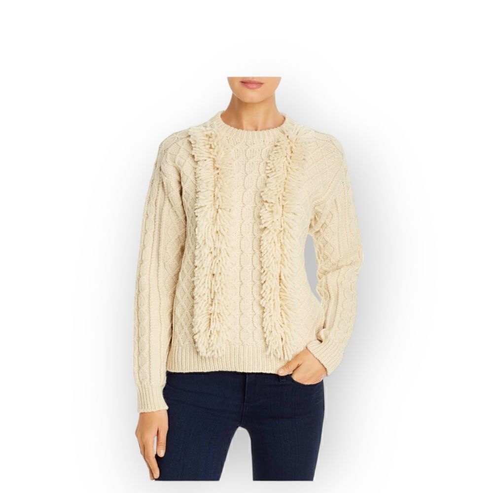 Tory Burch Cream Ivory Cable Knit Wool Fringe Pullover Sweater Women’s Size M - Picture 3 of 16